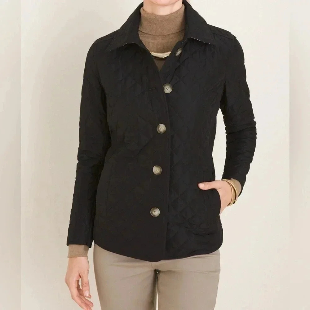 Chico's Quilted Coat Size S Lightweight Oversized Button Pockets Black Women 4/6